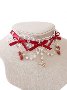 White Star Lace Red Ribbon Bowknot Bead Chain Strawberry Decoration Five Star Classic Lolita Necklace