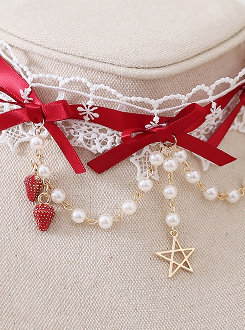 White Star Lace Red Ribbon Bowknot Bead Chain Strawberry Decoration Five Star Classic Lolita Necklace