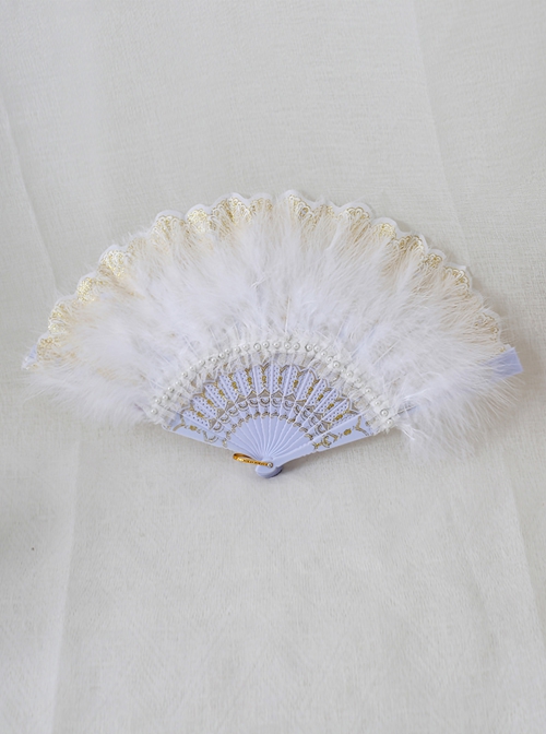 Retro Lace Pearl Feather Gorgeous Tea Party Take Pictures Pure Color Classic Lolita Fan