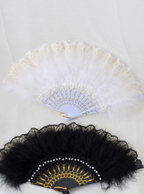 Retro Lace Pearl Feather Gorgeous Tea Party Take Pictures Pure Color Classic Lolita Fan