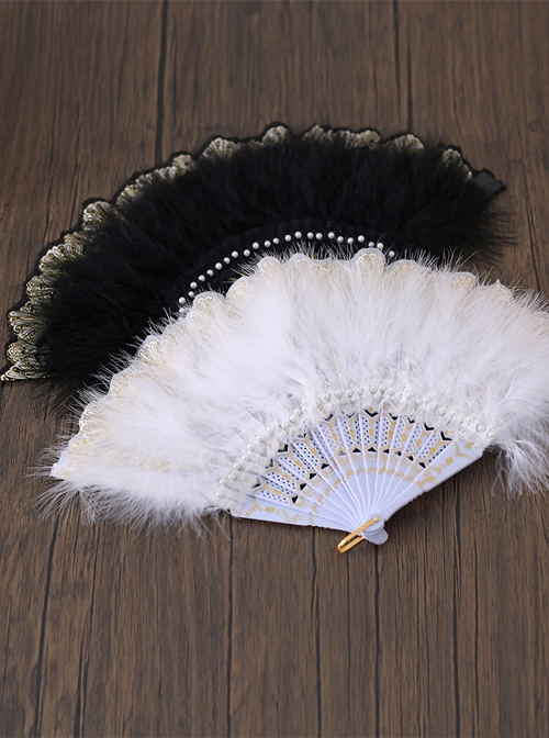 Retro Lace Pearl Feather Gorgeous Tea Party Take Pictures Pure Color Classic Lolita Fan