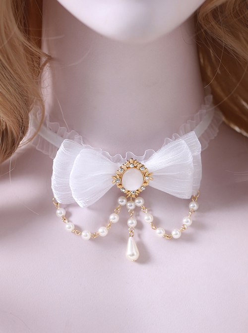 Elegant Tea Party Ribbon Bowknot Water Drop Bead Chain Gem Decorate Classic Lolita Necklace