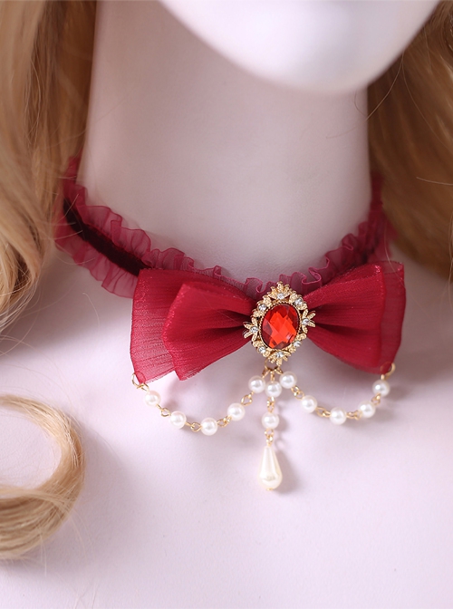 Elegant Tea Party Ribbon Bowknot Water Drop Bead Chain Gem Decorate Classic Lolita Necklace