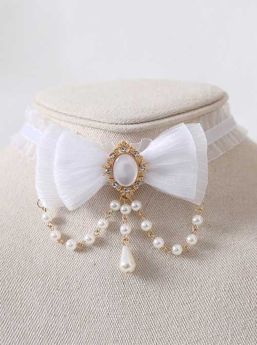 Elegant Tea Party Ribbon Bowknot Water Drop Bead Chain Gem Decorate Classic Lolita Necklace