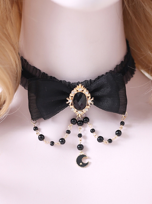 Moon Gem Decorated Bead Chain Ribbon Bowknot Elegant Gorgeous Classic Lolita Necklace