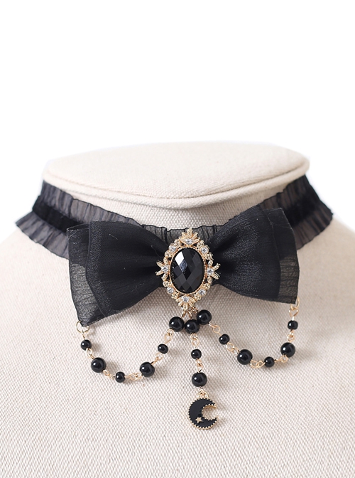 Moon Gem Decorated Bead Chain Ribbon Bowknot Elegant Gorgeous Classic Lolita Necklace