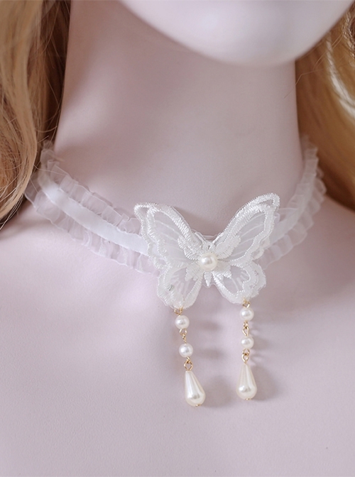 White Butterfly Water Drop Pearl Decoration Elegant Clavicle Chain Classic Lolita Necklace