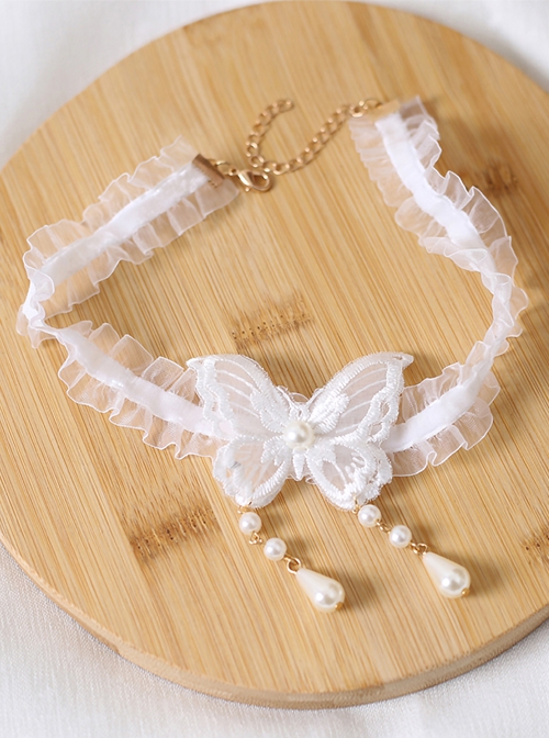 White Butterfly Water Drop Pearl Decoration Elegant Clavicle Chain Classic Lolita Necklace