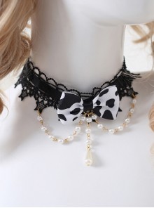 Water Drop Pearl Bead Chain Cows Printing Bowknot Decorate Black Star Lace Classic Lolita Necklace
