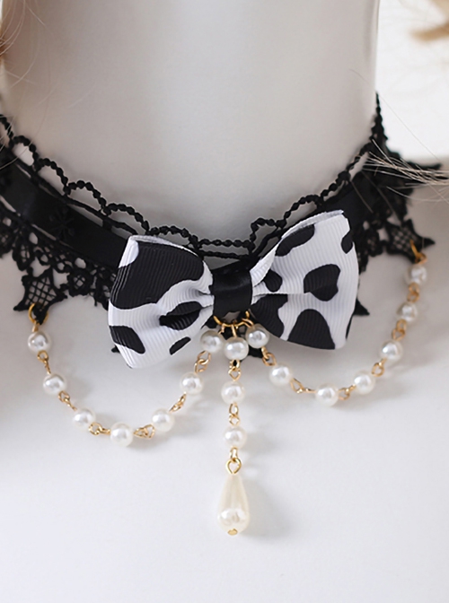 Water Drop Pearl Bead Chain Cows Printing Bowknot Decorate Black Star Lace Classic Lolita Necklace