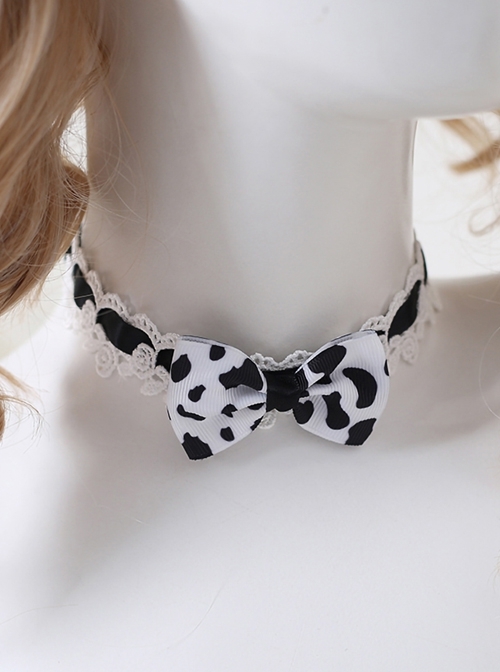 Daily Simple Cute Cows Printing White Rose Lace Classic Lolita Necklace