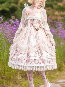 Flower Floral Printing JSK Mid-Length Elegant Classic Lolita Lace Sleeveless Dress