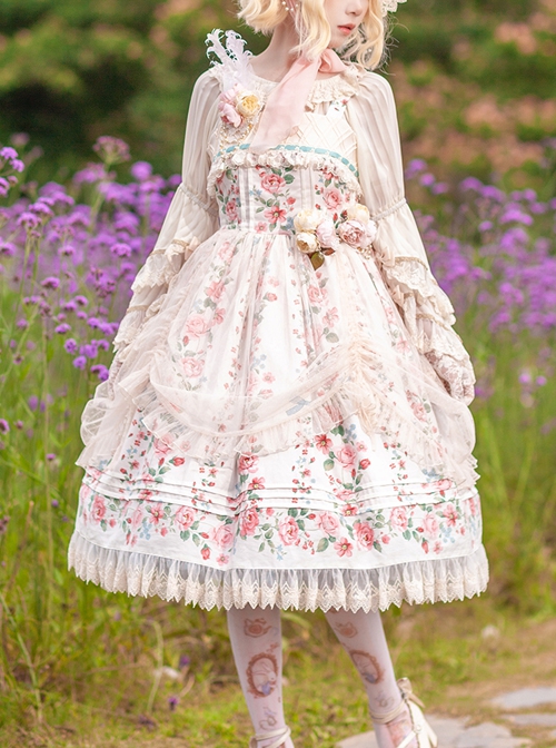 Flower Floral Printing JSK Mid-Length Elegant Classic Lolita Lace Sleeveless Dress