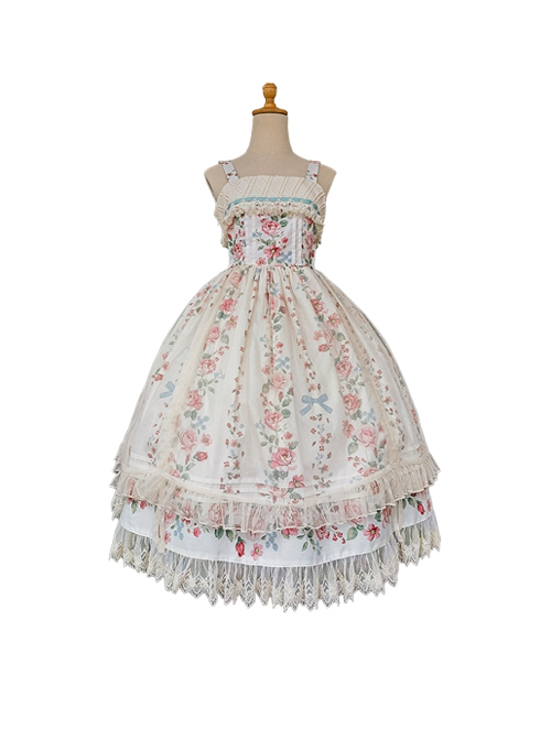 Flower Floral Printing JSK Mid-Length Elegant Classic Lolita Lace Sleeveless Dress