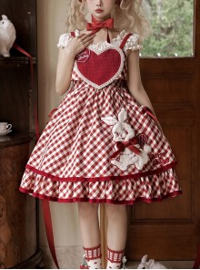 Red Plaid Heart Design Cute Plush Rabbit Embroidery Sweet Lolita Sleeveless Dress