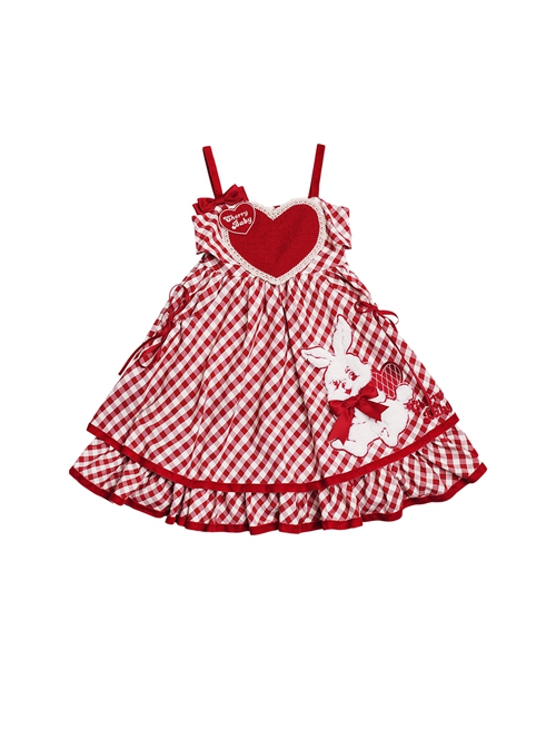 Red Plaid Heart Design Cute Plush Rabbit Embroidery Sweet Lolita Sleeveless Dress