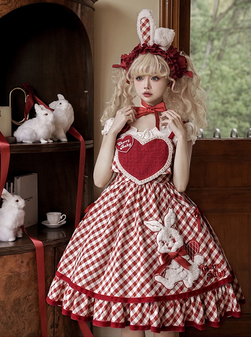 Red Plaid Heart Design Cute Plush Rabbit Embroidery Sweet Lolita Sleeveless Dress