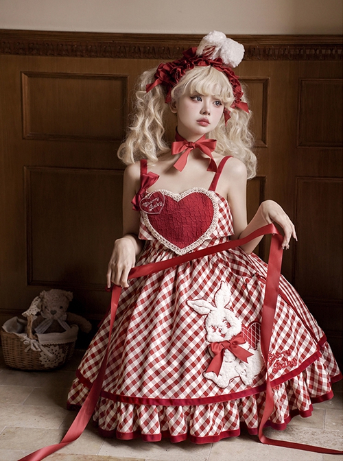 Red Plaid Heart Design Cute Plush Rabbit Embroidery Sweet Lolita Sleeveless Dress