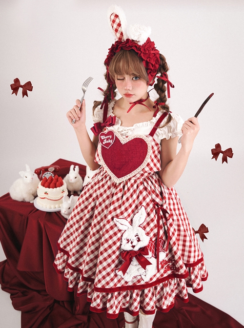 Red Plaid Heart Design Cute Plush Rabbit Embroidery Sweet Lolita Sleeveless Dress