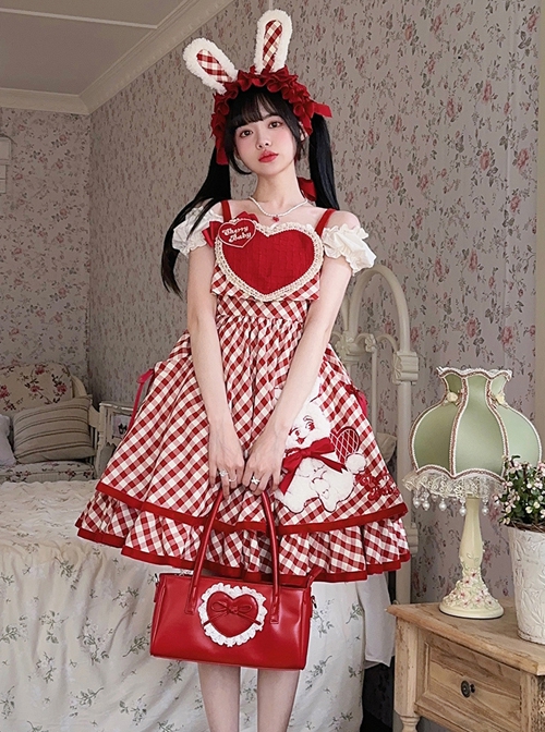 Red Plaid Heart Design Cute Plush Rabbit Embroidery Sweet Lolita Sleeveless Dress