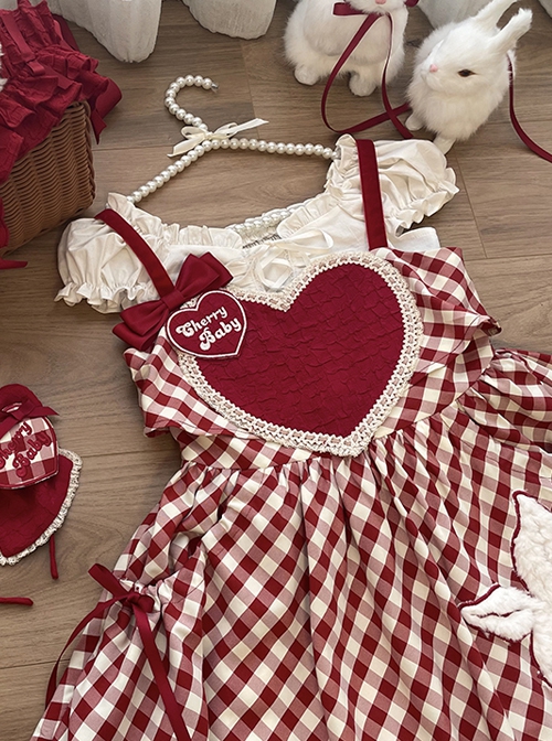 Red Plaid Heart Design Cute Plush Rabbit Embroidery Sweet Lolita Sleeveless Dress