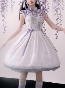 Chinese Style Stand Collar Purple Wisteria Embroidered Printing Bowknot Decoration Classic Lolita Sleeveless Dress