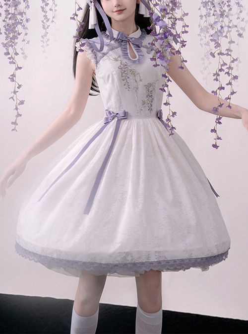 Chinese Style Stand Collar Purple Wisteria Embroidered Printing Bowknot Decoration Classic Lolita Sleeveless Dress