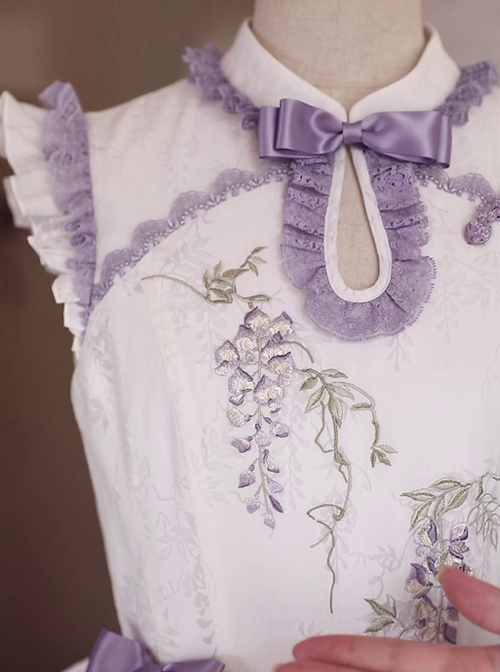 Chinese Style Stand Collar Purple Wisteria Embroidered Printing Bowknot Decoration Classic Lolita Sleeveless Dress