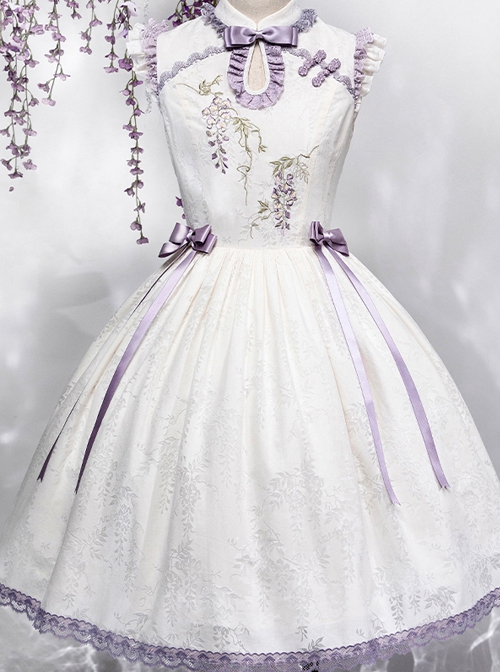 Chinese Style Stand Collar Purple Wisteria Embroidered Printing Bowknot Decoration Classic Lolita Sleeveless Dress