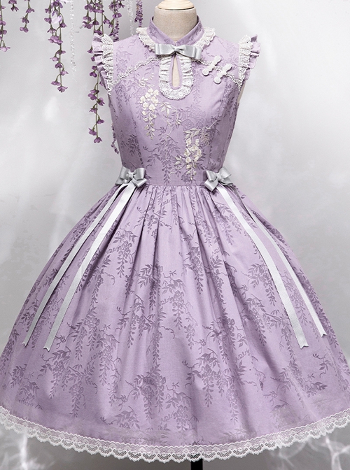 Chinese Style Stand Collar Purple Wisteria Embroidered Printing Bowknot Decoration Classic Lolita Sleeveless Dress