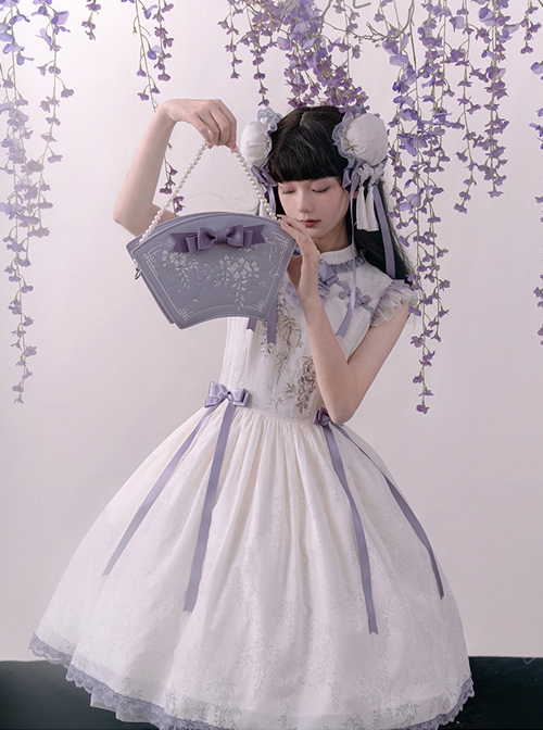 Chinese Style Stand Collar Purple Wisteria Embroidered Printing Bowknot Decoration Classic Lolita Sleeveless Dress