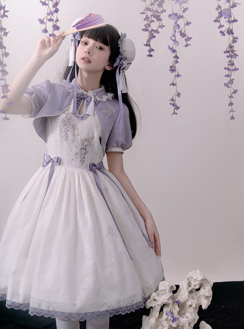 Chinese Style Stand Collar Purple Wisteria Embroidered Printing Bowknot Decoration Classic Lolita Sleeveless Dress