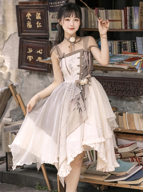 Pure Color Sleeveless Irregular Stitching Bamboo Embroidery Printing New Chinese Style Hanfu Dress