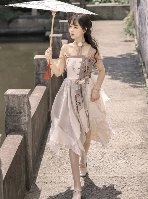 Pure Color Sleeveless Irregular Stitching Bamboo Embroidery Printing New Chinese Style Hanfu Dress