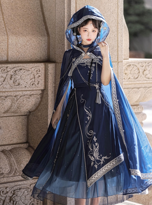 Blue Ethnic Style Pattern Pearl Tassel Decoration Dress New Chinese Style Hanfu Set