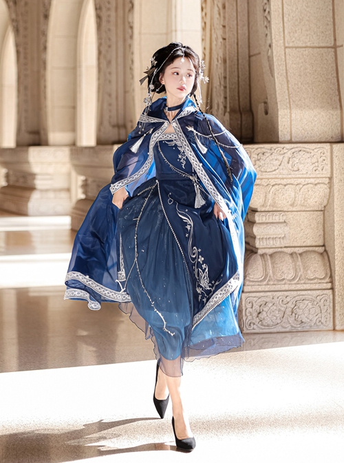 Blue Ethnic Style Pattern Pearl Tassel Decoration Dress New Chinese Style Hanfu Set