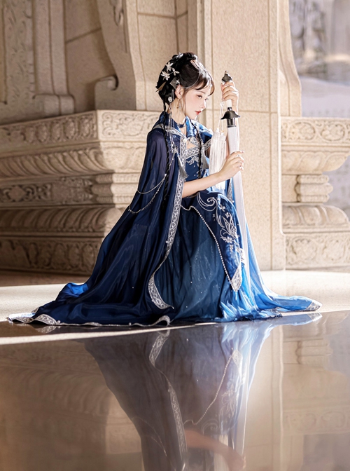 Blue Ethnic Style Pattern Pearl Tassel Decoration Dress New Chinese Style Hanfu Set