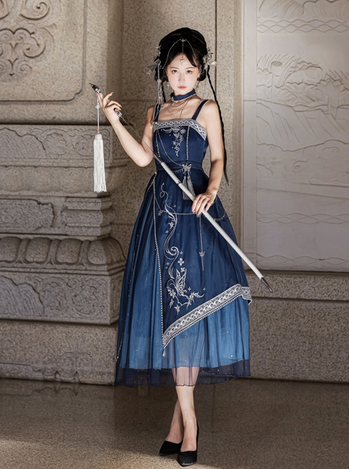 Blue Ethnic Style Pattern Pearl Tassel Decoration Dress New Chinese Style Hanfu Set