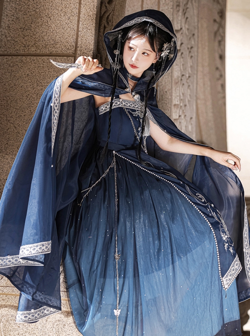 Blue Ethnic Style Pattern Pearl Tassel Decoration Dress New Chinese Style Hanfu Set