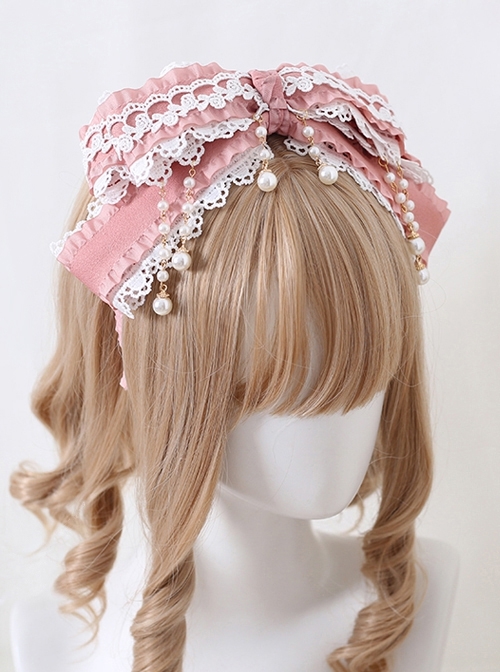 Pink Multi-Layer Bowknot Ornate Pearl Lace Decorate Sweet Lolita Headband