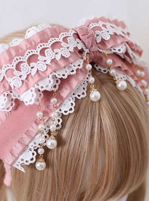 Pink Multi-Layer Bowknot Ornate Pearl Lace Decorate Sweet Lolita Headband