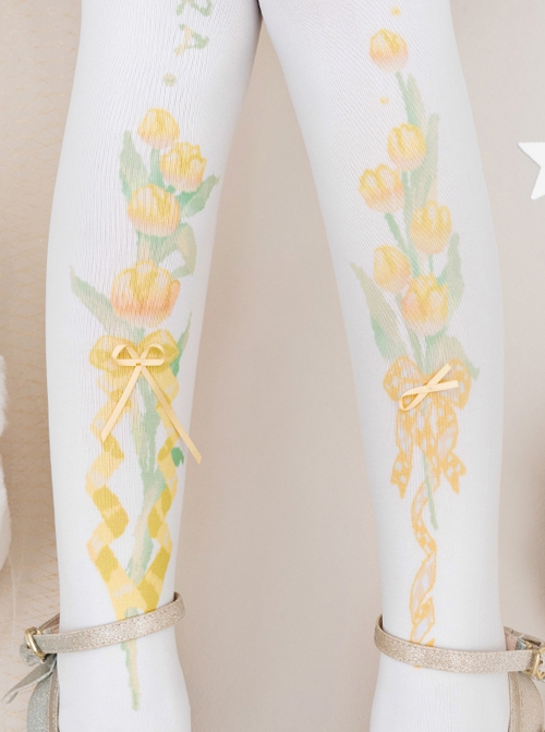 Forever Tulips Series Spring Elegant Tulip Print Velvet Classic Lolita Pantyhose