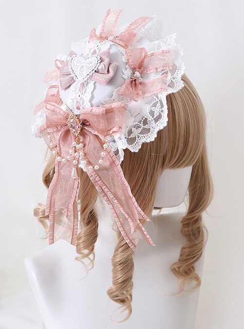 Pink Diamond Heart Ornate Bow Decorative Lace Trim Sweet Lolita Hairpin