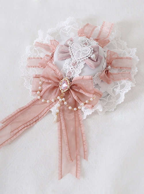 Pink Diamond Heart Ornate Bow Decorative Lace Trim Sweet Lolita Hairpin