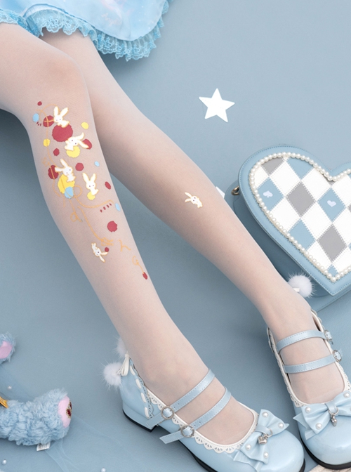 Cute Rabbit Print Thin Summer Pure Color Daily All-Match Classic Lolita Pantyhose