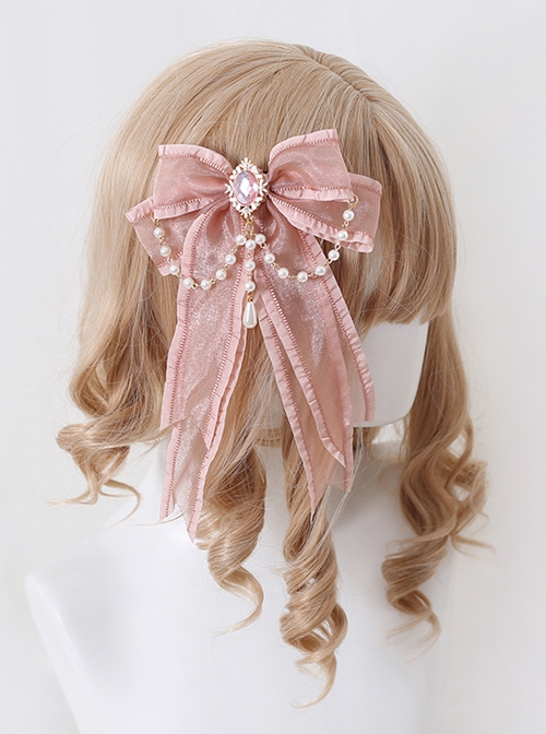 Pink Diamond Large Bow Ornate Pearl Decoration Sweet Lolita Hairpin