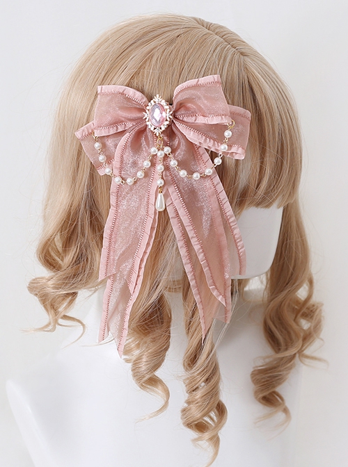 Pink Diamond Large Bow Ornate Pearl Decoration Sweet Lolita Hairpin
