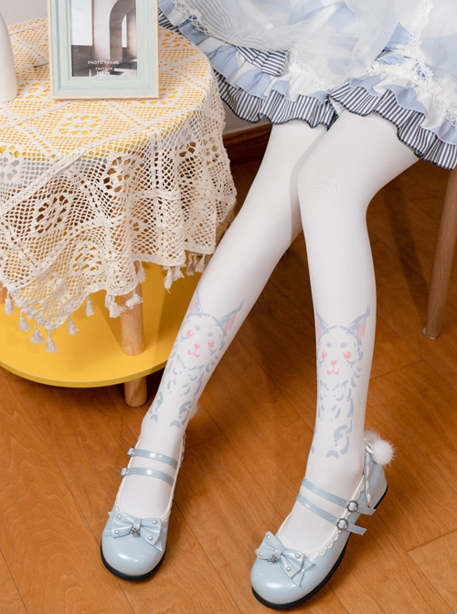 Cute White Reversible Cat Print Stretch Velvet Spring Autumn Classic Lolita Pantyhose