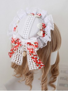 Sweet Strawberry Print Big Bowknot Lace Pearl Chain Decorate Dome Hat Sweet Lolita Little Top Hat