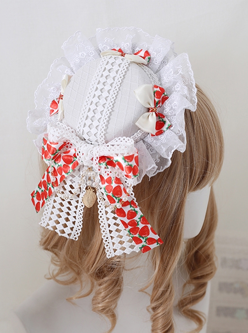 Sweet Strawberry Print Big Bowknot Lace Pearl Chain Decorate Dome Hat Sweet Lolita Little Top Hat